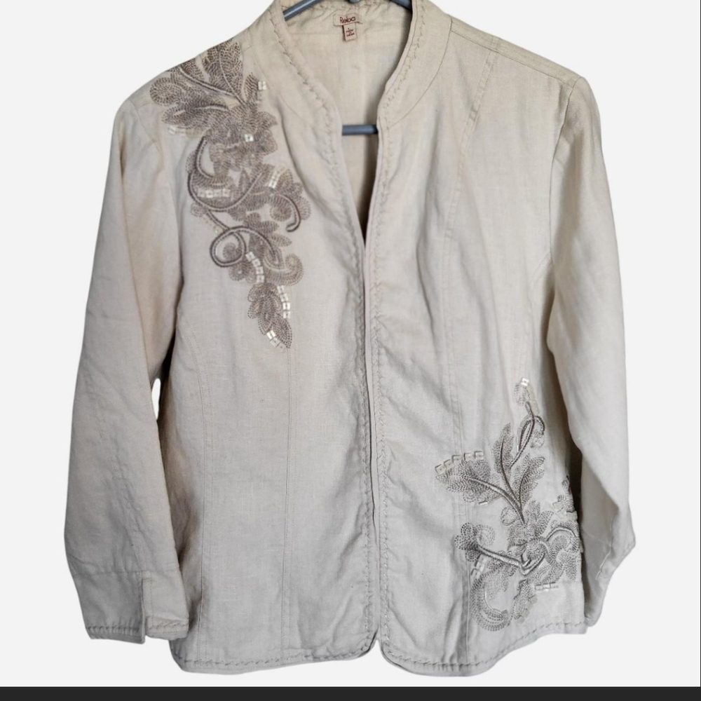 y2k Reba 100% Linen and cotton beaded and embroidered tan jacket